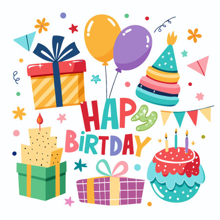 Colorful Birthday Celebration with Gifts, Cake, and Balloons.のイラスト素材