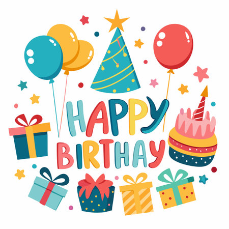 Happy Birthday party with balloons, cake and gifts.のイラスト素材