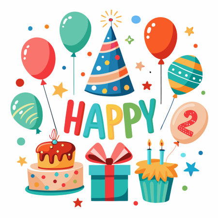 Colorful birthday illustration with balloons, cake, gift, cupcake, and party hat for a 2 year old.のイラスト素材