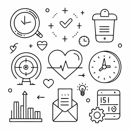 Business and finance icons set, including time, target, heart, mobile, graph, email, gear.のイラスト素材