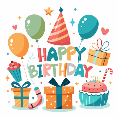 Colorful happy birthday illustration with presents, balloons, cake, and a party hat.のイラスト素材