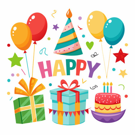 Happy Birthday Party Illustration with Balloons, Cake, and Gifts.のイラスト素材