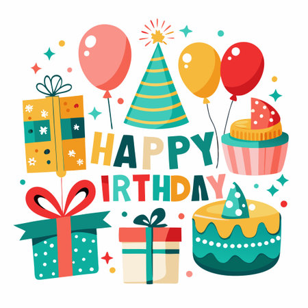 Colorful Happy Birthday Illustration with Presents, Balloons, and Cake.のイラスト素材