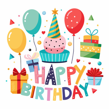 Colorful Happy Birthday Illustration with Balloons, Cake, and Gifts.のイラスト素材