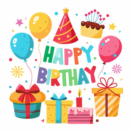 Colorful Happy Birthday Party Illustration with Balloons, Gifts, Cakes and Confetti.のイラスト素材