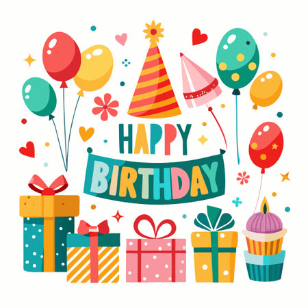 Happy Birthday Celebration with Balloons, Gifts, and a Cupcake.のイラスト素材