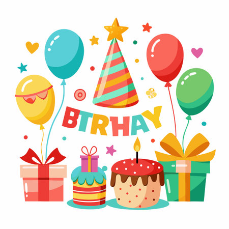 Colorful Birthday Party Decorations with Balloons, Cake, and Gifts.のイラスト素材
