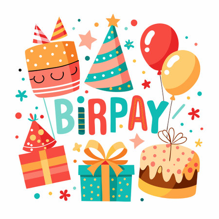 Colorful birthday card with presents, cake, and balloons.のイラスト素材