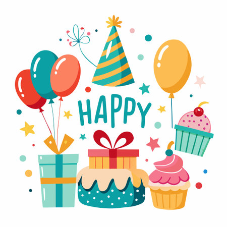 Happy Birthday with Balloons, Presents, Cake, and Cupcakes.のイラスト素材
