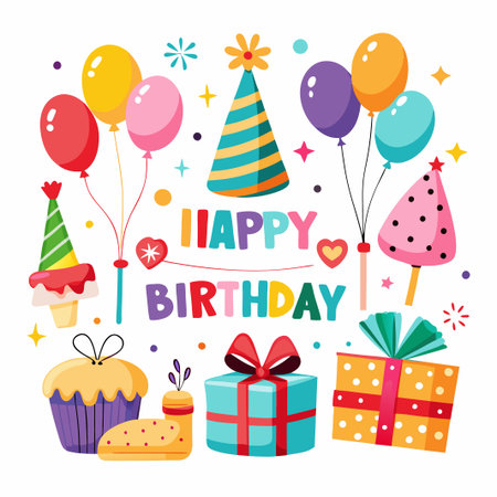 Colorful illustration with balloons, presents, and a cupcake for a birthday celebration.のイラスト素材