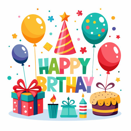 Colorful Happy Birthday Illustration with Balloons, Cake, Gifts and Candles.のイラスト素材