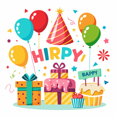 Happy Birthday party with balloons, cake, gifts, and a party hat.のイラスト素材