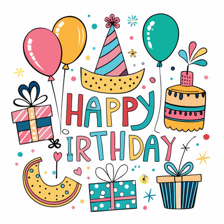 Colorful Birthday Illustration with Balloons, Cake, Gifts and a Party Hat.のイラスト素材