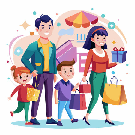 Happy family of four walking with shopping bags after shopping at the mall.のイラスト素材