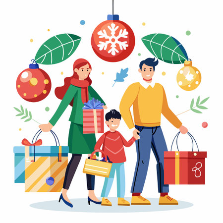 Happy family holding gift boxes and shopping bags with Christmas ornaments.のイラスト素材