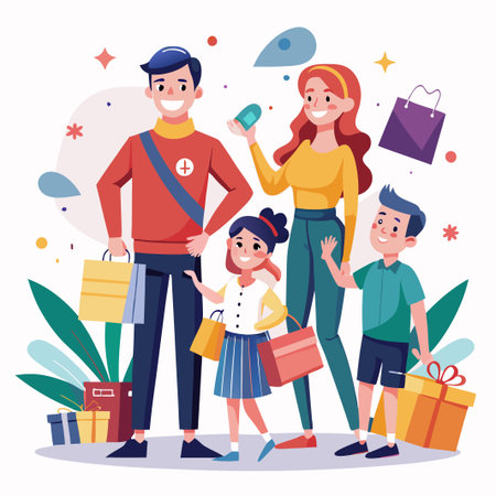 Happy Family Enjoying Shopping Together.のイラスト素材