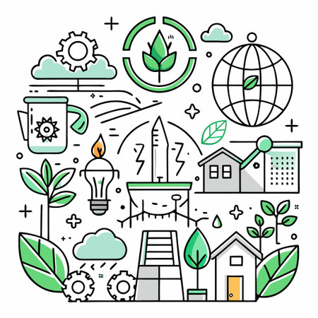 Green Eco-Friendly Concept with Houses, Plants, and Gears.のイラスト素材