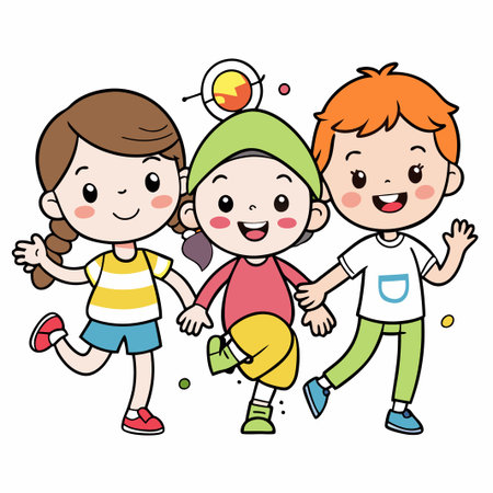 Happy children holding hands, smiling and walking together.のイラスト素材