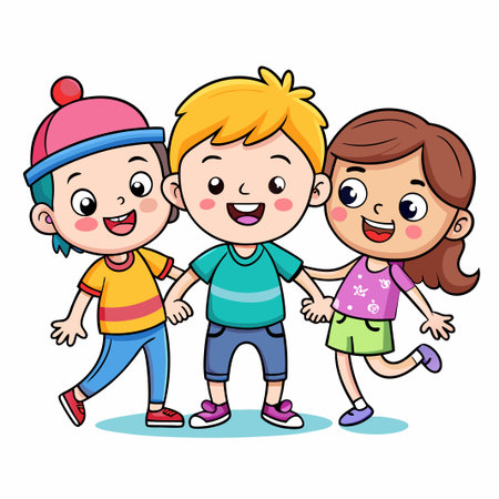 Three happy kids holding hands and smiling.のイラスト素材