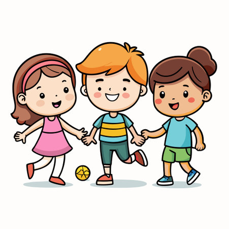 Three cartoon children are holding hands, smiling, and walking with a yellow ball at their feet.のイラスト素材