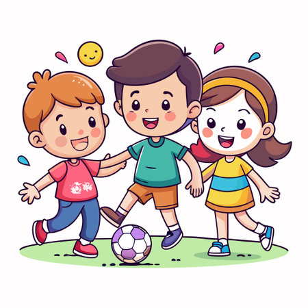 Three smiling children play with a soccer ball outdoors.のイラスト素材