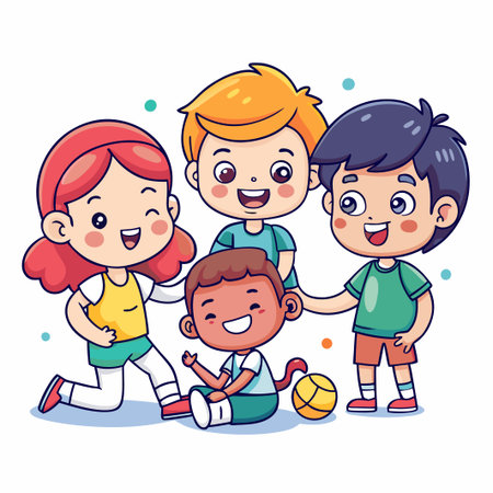 Four happy diverse cartoon kids playing together with a ball.のイラスト素材