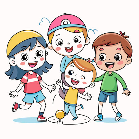 Four happy cartoon kids playing together.のイラスト素材