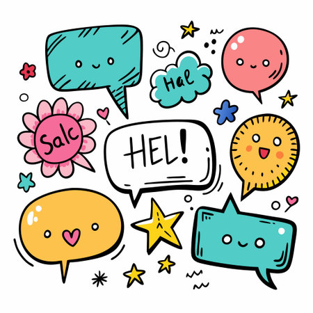 Colorful Hand Drawn Speech Bubbles with Cute Faces and Stars.