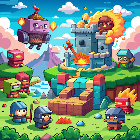 Pixel art characters stand around a burning .