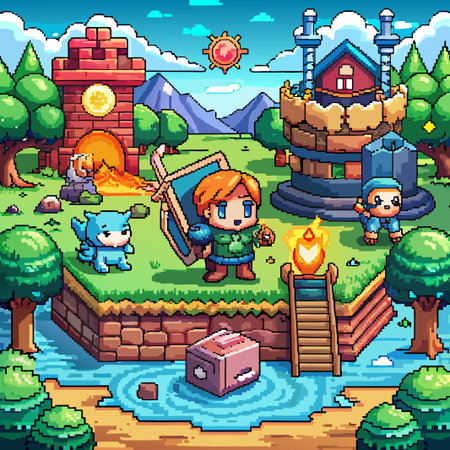 Pixel art landscape with a character, a house and a tree.