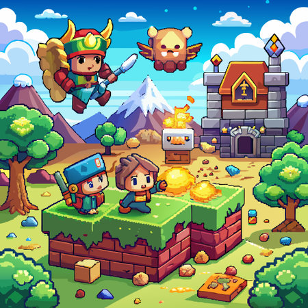 Pixelated game characters stand on a platform with a , mountains, and clouds in the background.