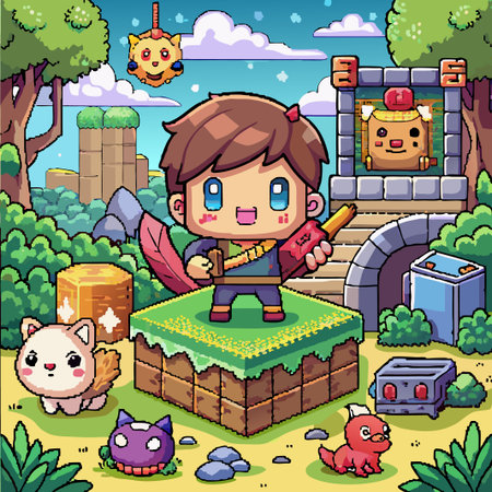 Pixelated cartoon character standing on a block platform in a game world.
