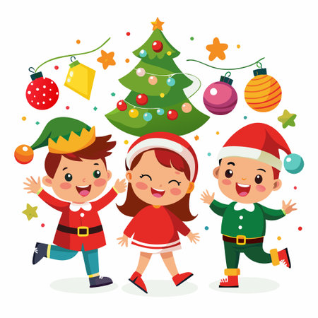 Three cheerful kids dressed in Santa and elf costumes standing in front of a Christmas tree with ornaments and lights.のイラスト素材