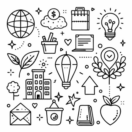 Hand-drawn black and white icons with a simple design, including a globe, cloud, calendar, lightbulb, pencil, laptop, plant, building, hot air balloon, check mark, arrow, envelope, bucket, and a book.のイラスト素材