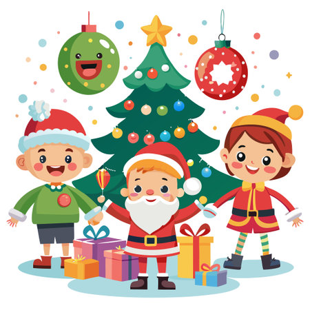 Cheerful kids celebrating Christmas with Santa Claus, gifts, and a decorated tree.のイラスト素材
