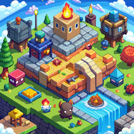 Isometric 3D cartoon fantasy game scene with a river, waterfall, and buildings.のイラスト素材