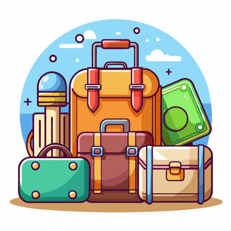 Four colorful cartoon luggage with a sky background.のイラスト素材
