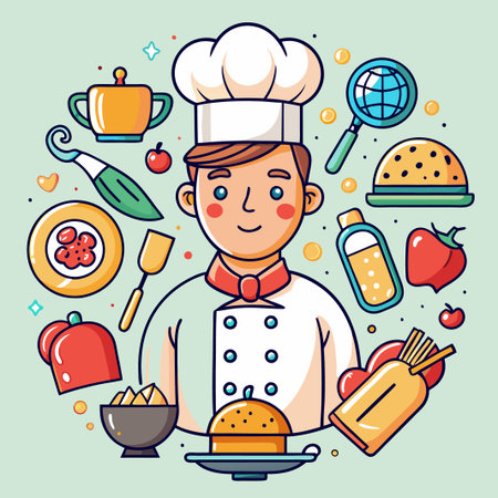 Cartoon Chef Surrounded by Cooking Supplies.のイラスト素材