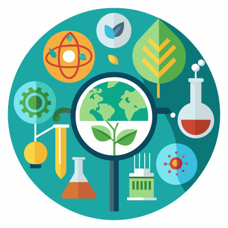 Scientific illustration of the earth with leaves and lab equipment.のイラスト素材