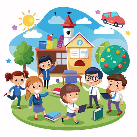 Happy students in school uniforms play outside their school building on a sunny day.のイラスト素材