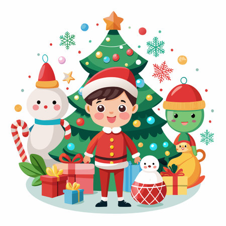 Happy boy in Santa suit near a Christmas tree with gifts, snowmen, and ornaments.のイラスト素材
