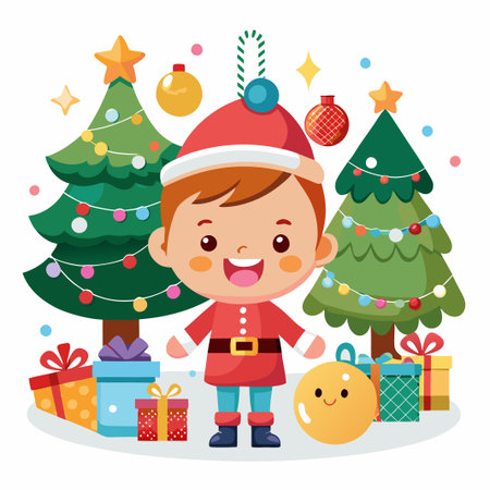 A cheerful boy dressed as Santa Claus stands in front of decorated Christmas trees.のイラスト素材