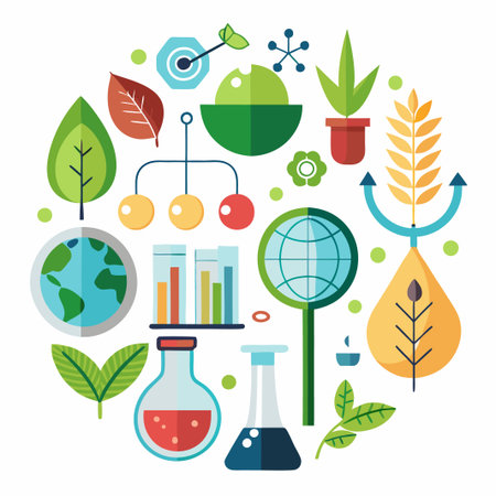 Green Science Illustration with Plants, Earth, Beaker and  Test Tubes.のイラスト素材