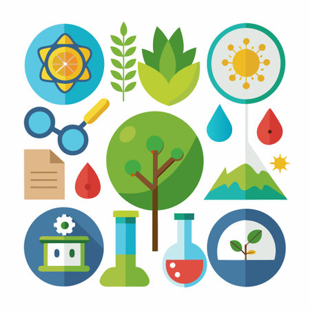 A collection of colorful flat design icons related to nature, science, and the environment.のイラスト素材