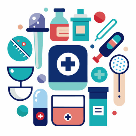 Flat lay of healthcare symbols and medical icons in a circle.のイラスト素材