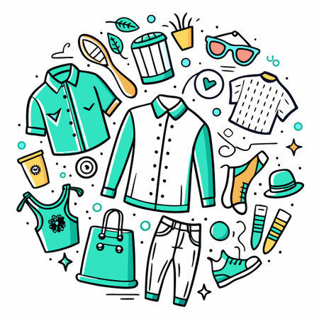 Doodle illustration of various clothing and accessories.のイラスト素材