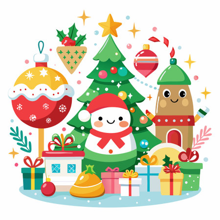 Christmas tree with gifts, snowman, ornaments, and a cute house illustration.のイラスト素材
