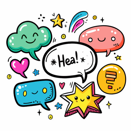 Cute cartoon speech bubbles and stars with happy faces.のイラスト素材