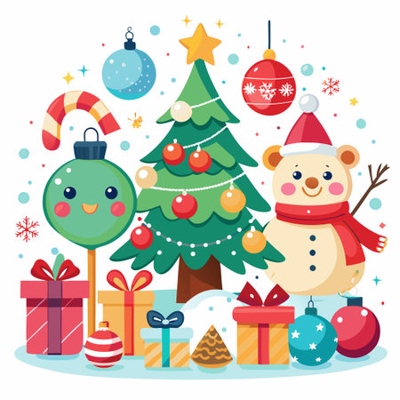 Cute snowman with Christmas tree and gifts.のイラスト素材