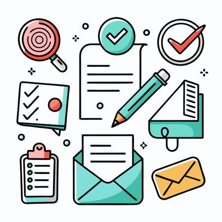 Colorful hand drawn icons of checklist, notepad, mail, and pencil for web design or marketing.のイラスト素材